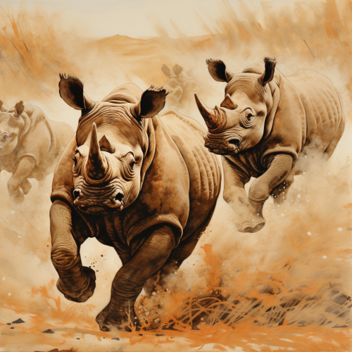 Rhinos running in African savannah