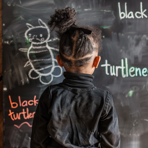 Young girl writing on blackboard