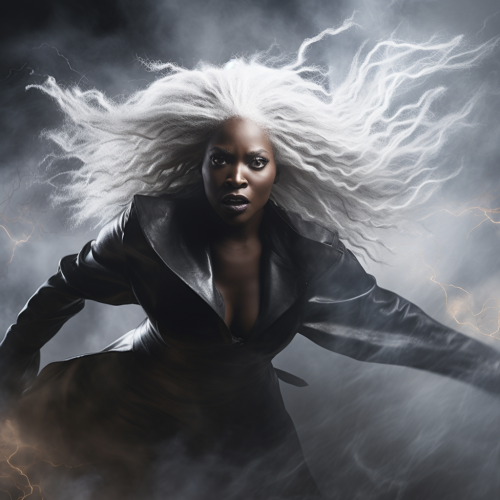 African Woman with Silver Hair in Thunderstorm