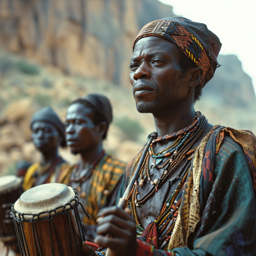 African tribe men playing drums in ceremonial circle with black woman dancing