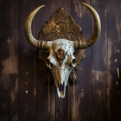 Decorated cow skull with embedded brass