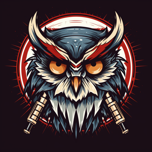 Aggressive owl with hockey helmet and crossed sticks
