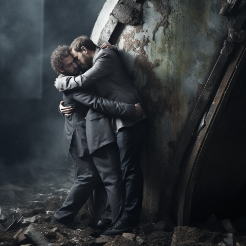 Two men aggressively grabbing hold