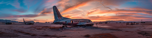 Airplane graveyard in California desert at sunset