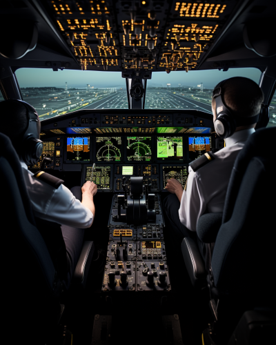 View of pilot and humanoid robot in cockpit