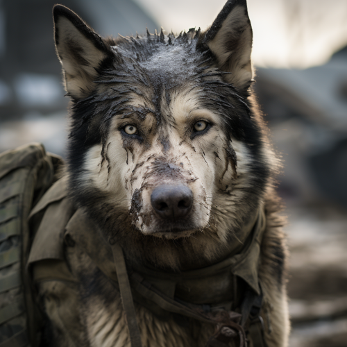 Battle-worn Alaskan Malamute Soldier with Evil Look