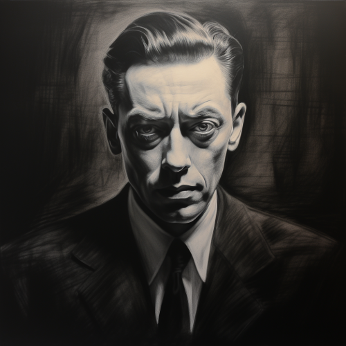 Albert Camus charcoal sketch in black background