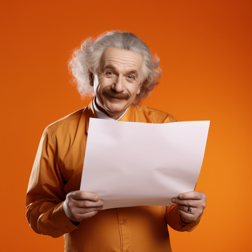 Smiling Albert Einstein holding a blank sheet