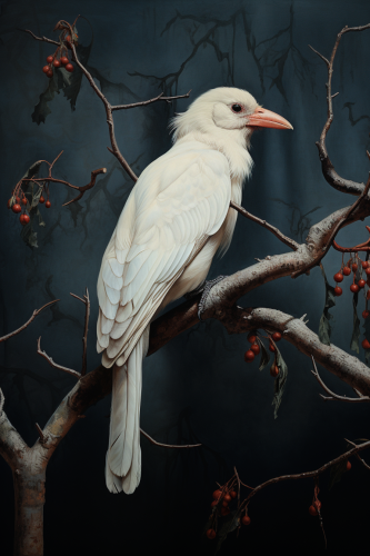 Detailed Albino Crow Perched on Branch