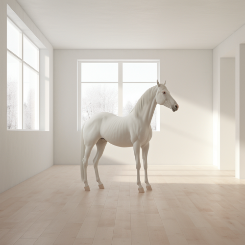 Albino horse in white room