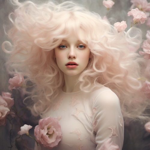 Albino woman in pink floral dress with wind blowing