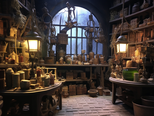 Alchemist's Atelier with Bookshelfs and Laboratory Equipment