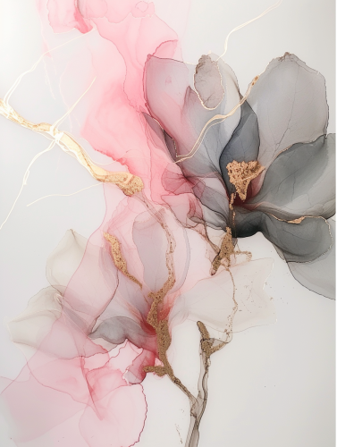 Alcohol Ink Painting with Pink, Grey and Gold Cracks