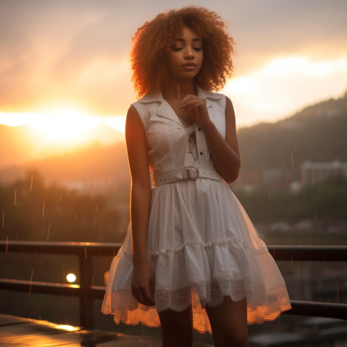 Afroamerican Teen in Cute White Dress, Sunrise Rain