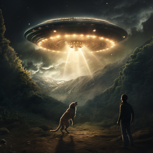 Golden retriever being abducted by aliens at night