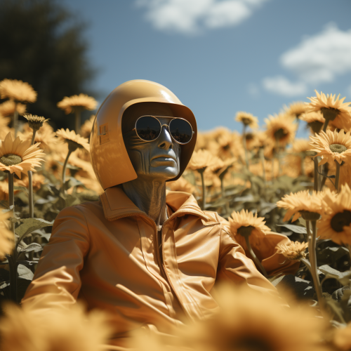 alien sitting on coffin in flower field