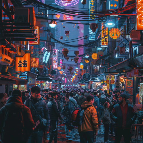 Crowded Street on Alien Cyberpunk Planet Crowded Street on Alien Cyberpunk Planet