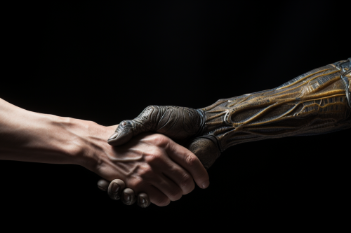 Alien and human shaking hands