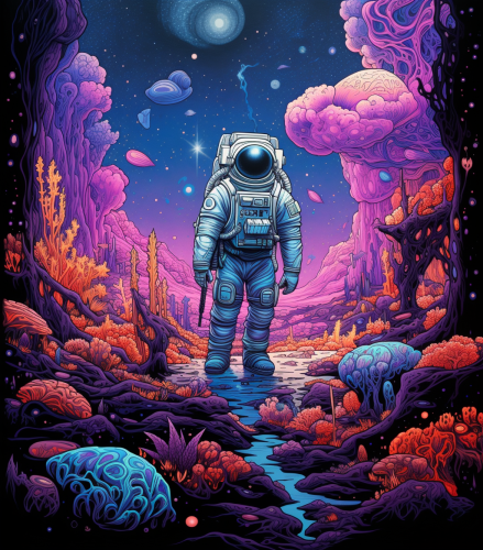 Astronaut exploring surreal alien landscape