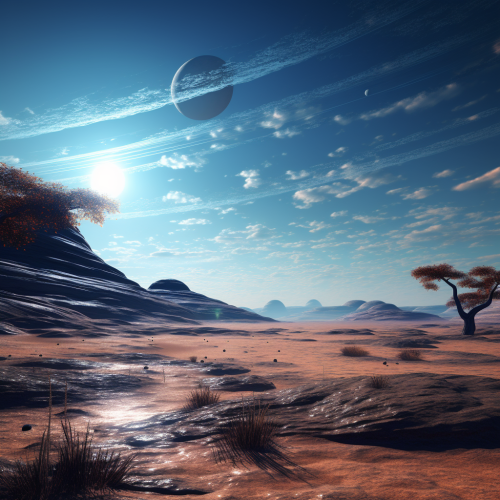 Wide view of alien planet with ringed gas giant