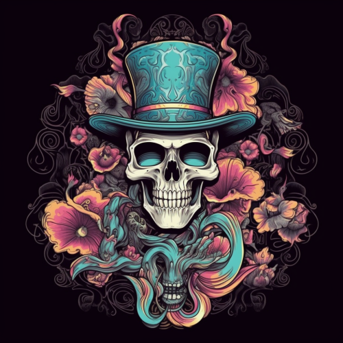 Alien smoking and blowing smoke rings in a hat with floral patterns