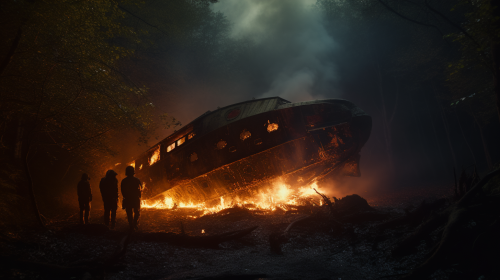 Alien spaceship crashed in woods, flames burning