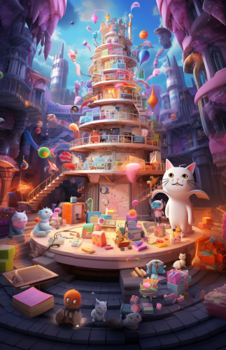 Colorful houses and fancy pens on architectural birthday cake  ??️