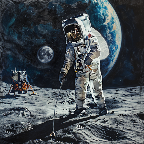 American astronaut swinging golf club on Moon