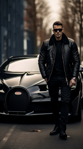 American man leaning on black Bugatti Chiron