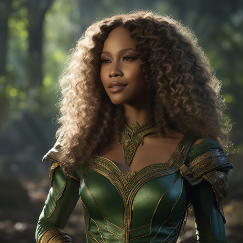 Nicole Beharie as Amora the Enchantress casting green magic spell