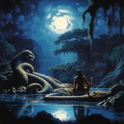 Dark Fantasy Image of Anaconda Warrior with Cheeseburgers