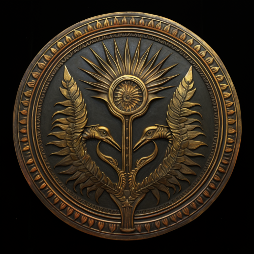 Mysterious ancient alien symbolism with palm fronds and a halo