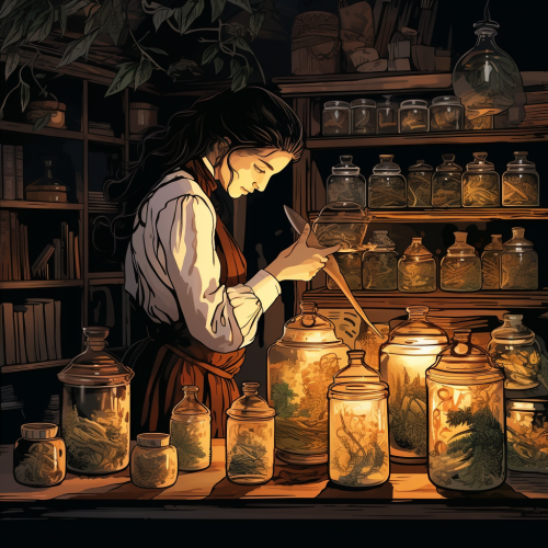 Vintage illustration of an ancient apothecary with herbs and dates