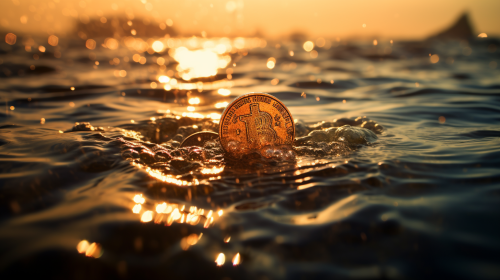 Beautiful worn biblical coin in blue water