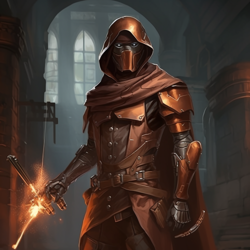 Ancient copper robot in tattered leather coat