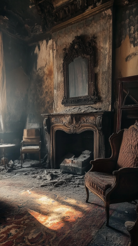 Ancient fireplace with old furniture