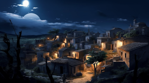 Ancient Greek Village in Moonlight