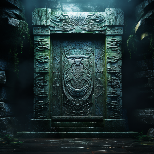 Engraved ancient door with glowing runes Engraved ancient door with glowing runes
