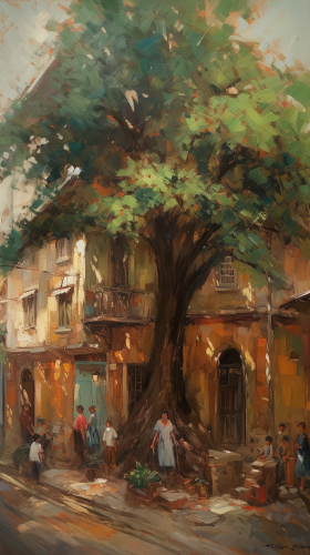 Ancient Tree Surrounded by Joyful People