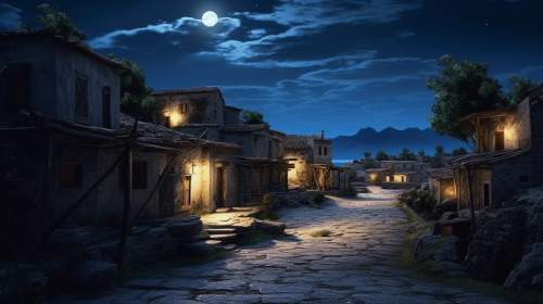 Serene moonlit ancient Greek village