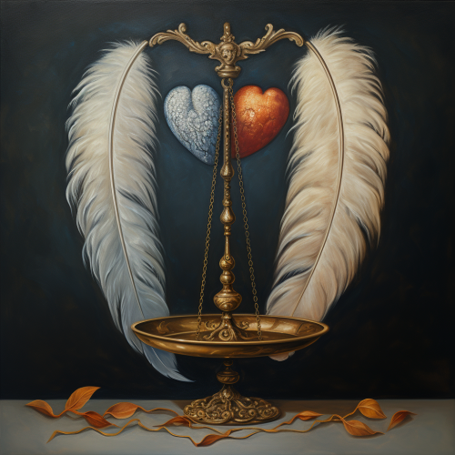 Ancient scales with feather and heart artwork