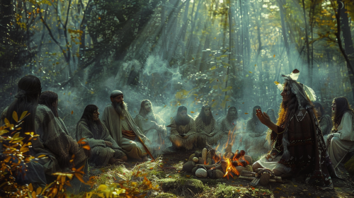 Nomadic Tribe Praying in Woods