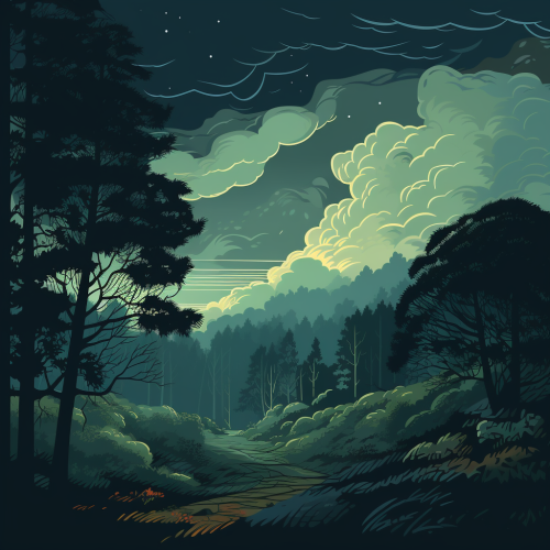 Silhouettes of Trees in Dark Green and Blue