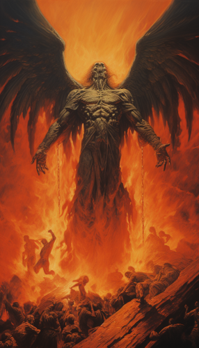 Illustration of the powerful angel of death charging into hell