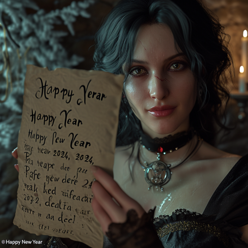 Angelic Yennefer holding a New Year greeting