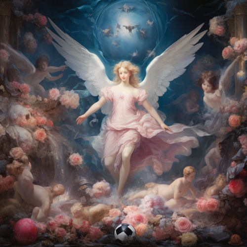 Beautiful pink and light blue angels with a soccer ball