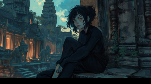 Girl with black jumpsuit sitting on Angkor Watt temple wall