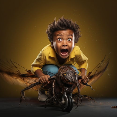 Angry boy riding a flea in surrealistic artwork