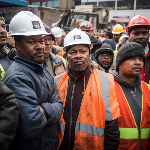 Angry construction workers at security checkpoint