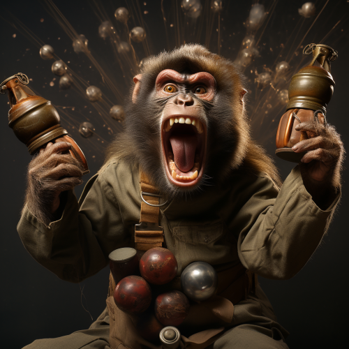 Photorealistic Angry Monkey Holding Grenades